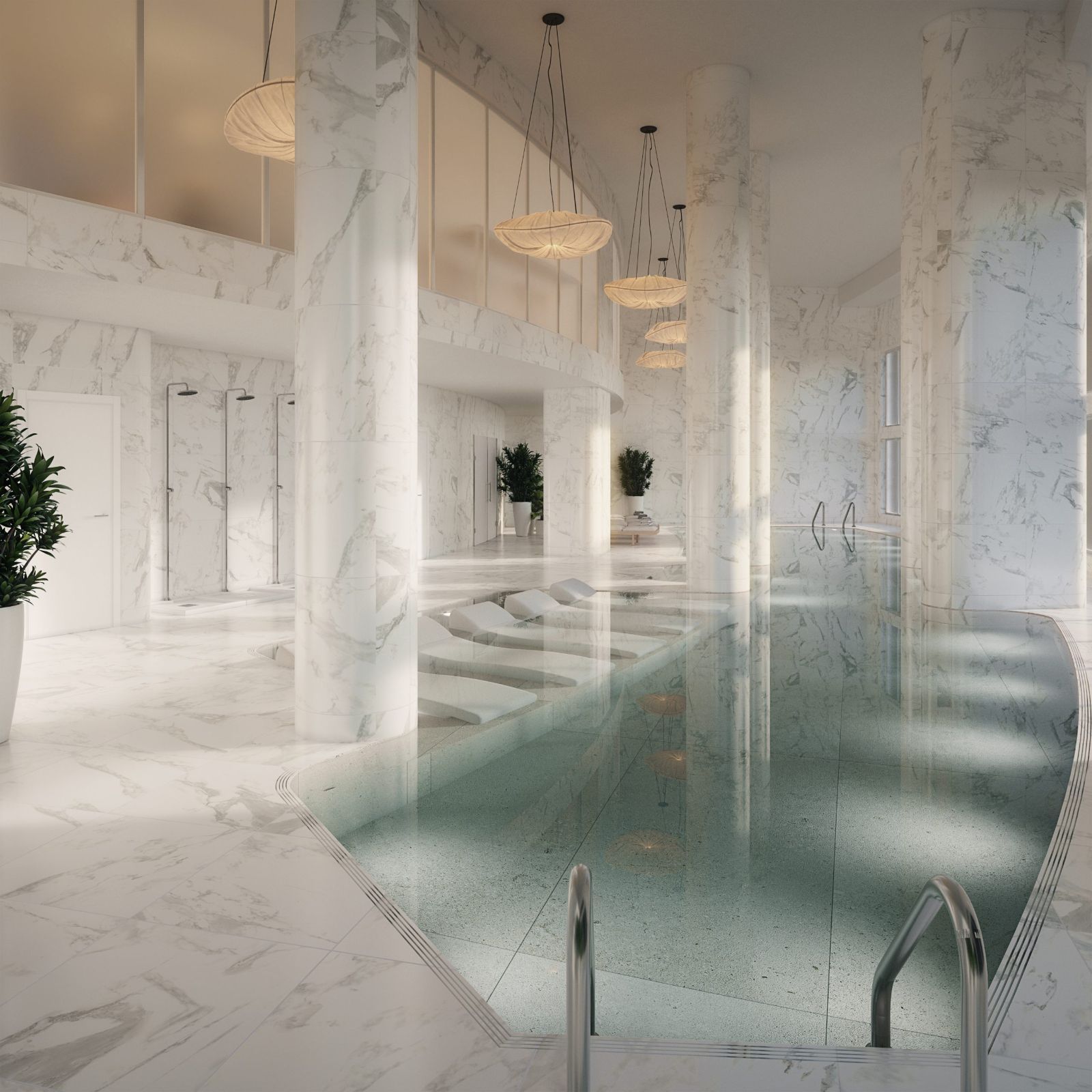 Área de piscina interior lujosa con columnas de mármol, iluminación moderna y ambiente sereno.