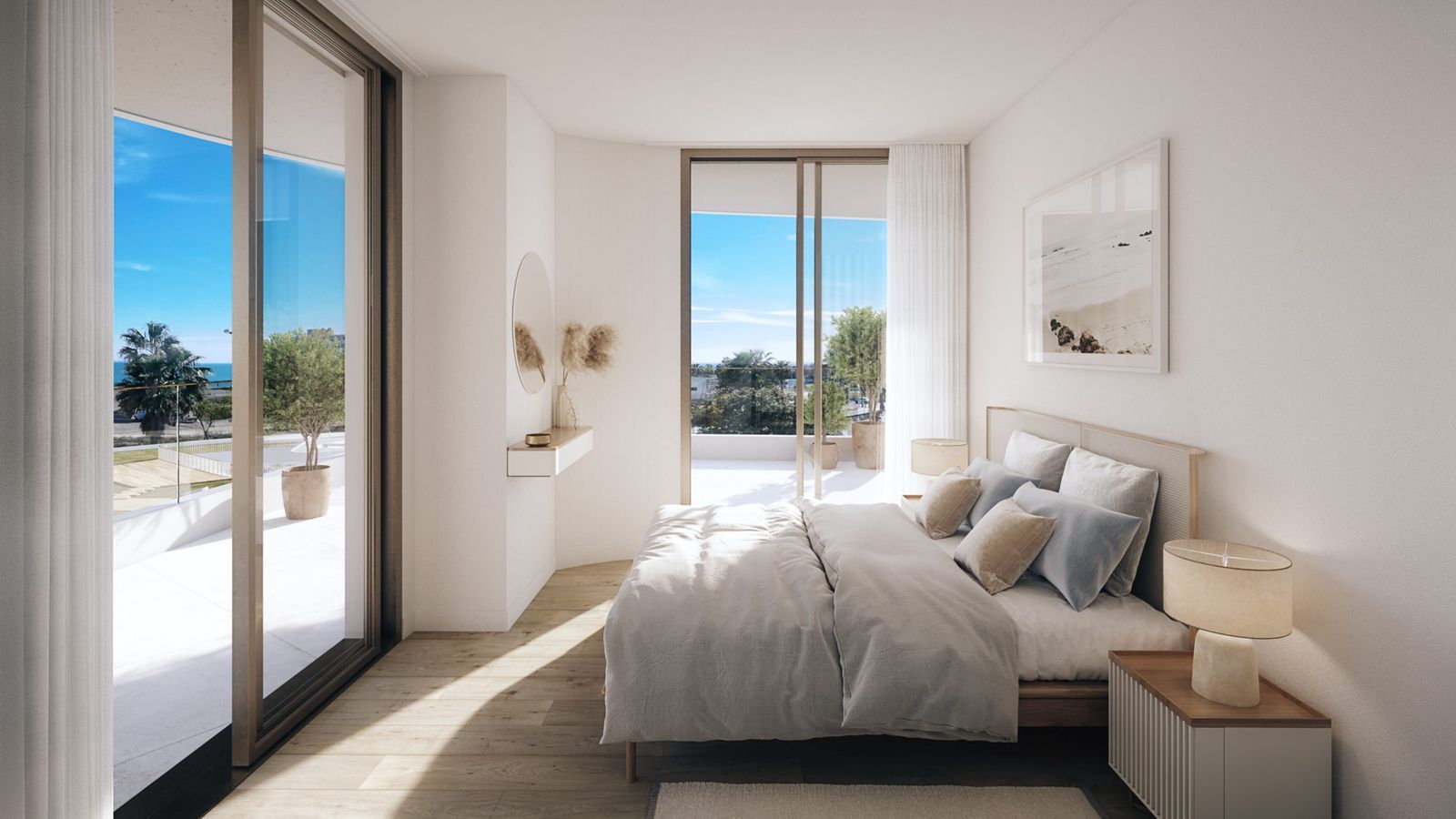Dormitorio moderno con vista al mar, ventanas grandes, decoración minimalista.